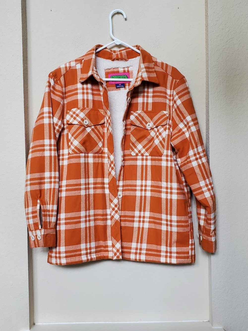 Empyre Orange and White Plaid Sherpa-Lined Shirt Jacket.  Size Medium